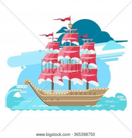Beautiful Big Ship Is Floating On The Water. Sailboat Illustration