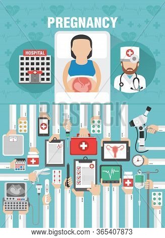 Pregnancy. Medical Concept Flat Design With Hospital, Doctor And Pregnant Woman. Vector Illustration