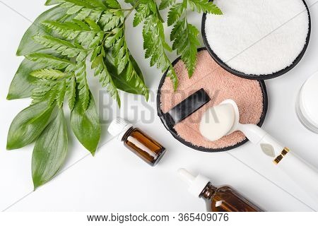 Organic Bio Cosmetics With Herbal Ingredients. Natural Extract, Oil, Serum With Fresh Leaves. Flat L