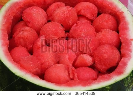 Red Balls Of Fresh Watermelon Cut And Put Inside The Fruit Ideal As A Summer Dessert