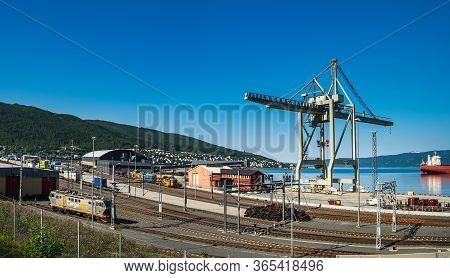 Narvik, Norway - July 28, 2018: Panoramic Summer View Of Cargonet Godsterminal Narvik, Industrial Ir