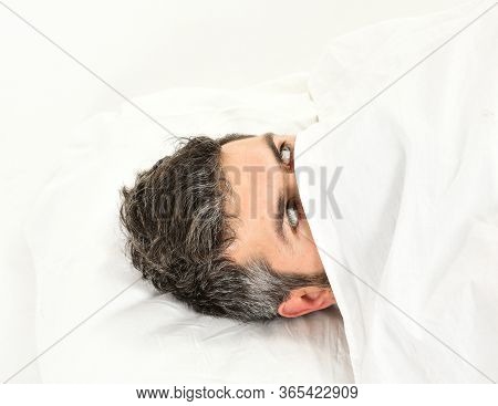 Guy Hides Face Under Blanket. Nightmare And Fear Concept.