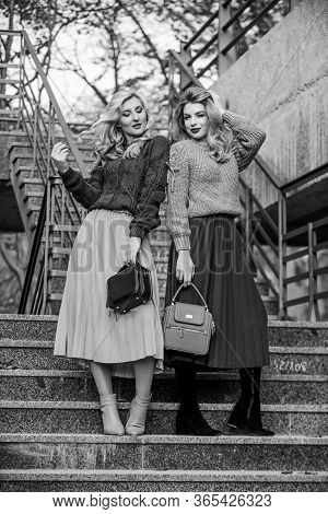 Sweater Skirt Trend. Completing Each Other. Vogue Concept. Girls Blonde Wear Matching Clothes. Match