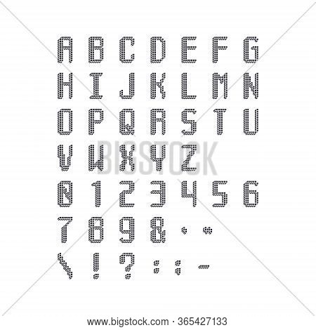 Pixel Cubic Monochrome Latin Font. Letters, Numbers And Symbols
