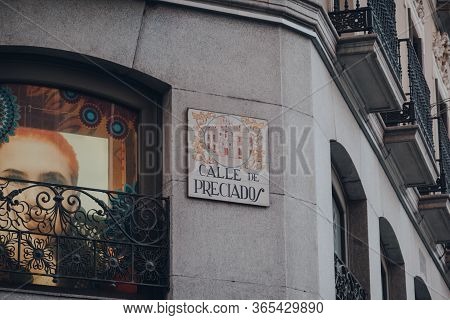 Madrid, Spain - January 26, 2020: Street Name Sign On Preciados Street (