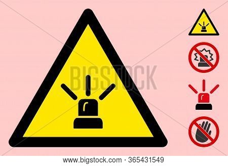 Vector Alarm Signal Flat Warning Sign. Triangle Icon Uses Black And Yellow Colors. Symbol Style Is A