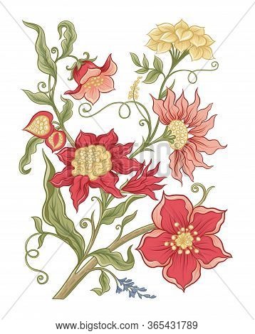 Fantasy Flowers In Retro, Vintage, Jacobean Embroidery Style. Element For Design. Colored Vector Ill