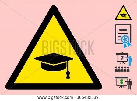 Vector Education Cap Flat Warning Sign. Triangle Icon Uses Black And Yellow Colors. Symbol Style Is 