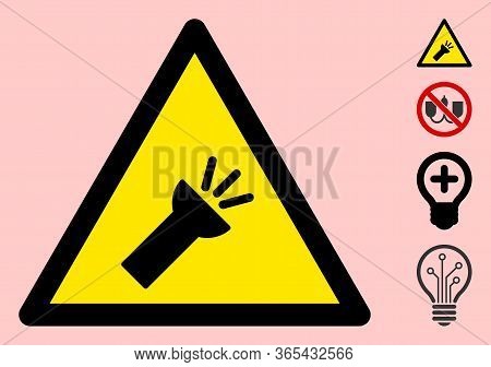 Vector Electric Torch Flat Warning Sign. Triangle Icon Uses Black And Yellow Colors. Symbol Style Is