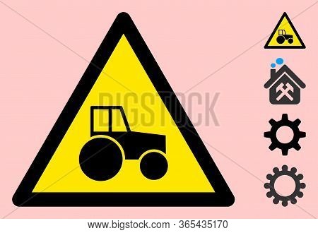 Vector Whelled Tractor Flat Warning Sign. Triangle Icon Uses Black And Yellow Colors. Symbol Style I