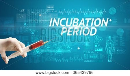 Syringe needle with virus vaccine and INCUBATION PERIOD inscription, antidote concept
