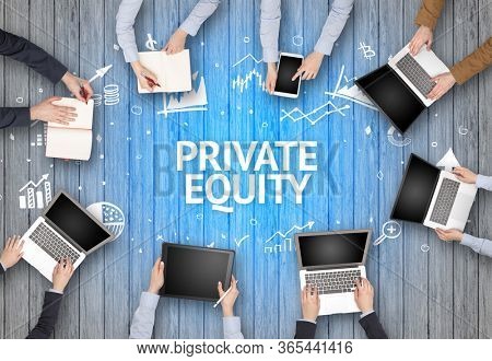 Group of Busy People Working in an Office with PRIVATE EQUITY inscription, succesfull business concept