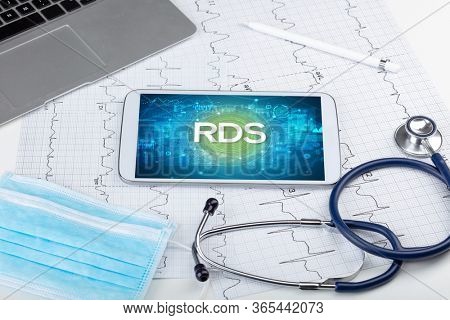 Close-up view of a tablet pc with RDS abbreviation, medical concept