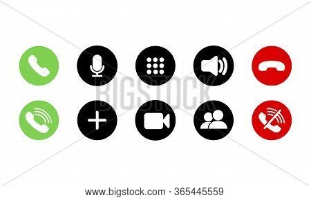 Mobile Call Buttons Icons Set Flat. Phone, Sound, Microphone, Camera, Call Symbols On Isolated White