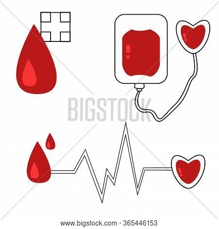 Blood Donation Vector Set, Red And Outlin Elements