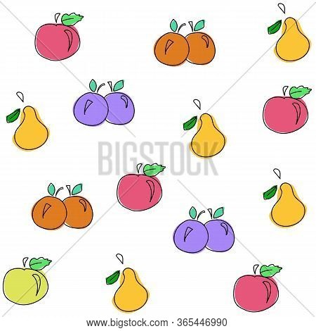 Juicy Fruit Pattern Is Seamless Vector Illustration. Pear, Apple, Peach And Plum Vector Drawing Can 