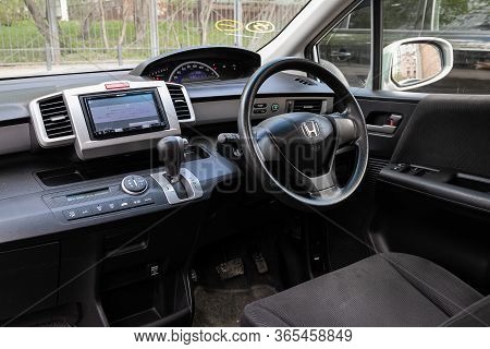 Novosibirsk/ Russia - May 02 2020: Honda Freed,dark Car Interior - Steering Wheel, Shift Lever And D