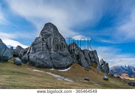 Huge Limestone Boulders, Megalith Rock Formations In Kura Tawhiti Conservation Area In New Zealand
