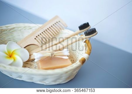 The Concept Of Zero Waste. Bamboo Toothbrush, Solid Shampoo