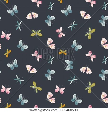 Beautiful Vector Seamless Pattern With Watercolor Hand Drawn Cute Butterflies. Stock Illustration.