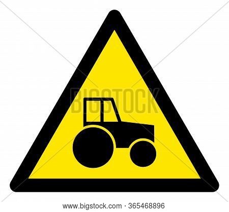 Raster Whelled Tractor Flat Warning Sign. Triangle Icon Uses Black And Yellow Colors. Symbol Style I