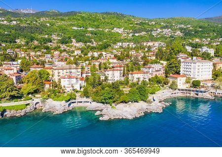 Croatia, Town Of Lovran And Sea Walkway, Aerial Panoramic View In Kvarner Bay Coastline, Popular Tou