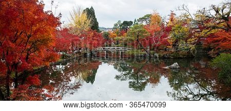 Scenery Stone Bridge And Pond With Colorful Leaves In Eikando Temple, Beautiful Nature Garden In Aut