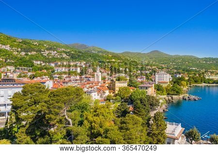 Croatia, Town Of Lovran And Sea Walkway, Aerial Panoramic View In Kvarner Bay Coastline, Popular Tou