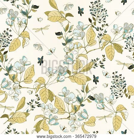 Hand-drawn Twigs With Flowers And Leaves Of Apple And Lilac On A Light Blue Satin Background. Tender