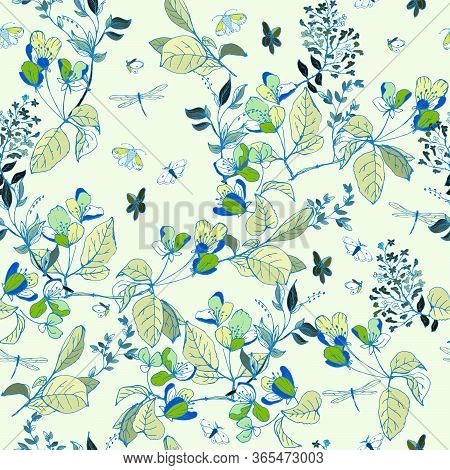 Hand-drawn Twigs With Flowers And Leaves Of Apple And Lilac On A Light Blue Satin Background. Tender
