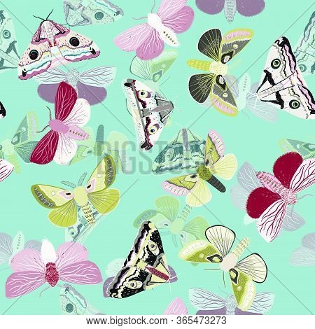 White Moths On A Light Blue Background. Seamless Vector Pattern With Insects. Repeating Square Patte
