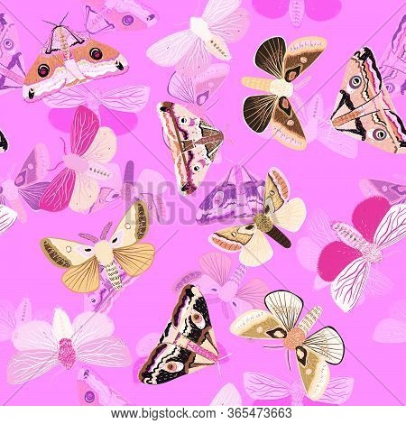 White Moths On A Light Blue Background. Seamless Vector Pattern With Insects. Repeating Square Patte