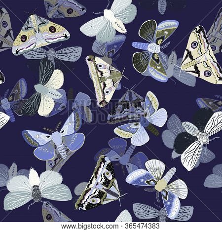 White Moths On A Light Blue Background. Seamless Vector Pattern With Insects. Repeating Square Patte