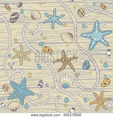 Hand Drawn Seastars, Rope, Seastones And Seashells On Wooden Background. Vector Seamless Pattern.