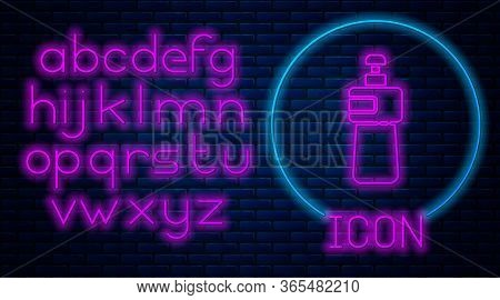 Glowing Neon Dishwashing Liquid Bottle Icon Isolated On Brick Wall Background. Liquid Detergent For 