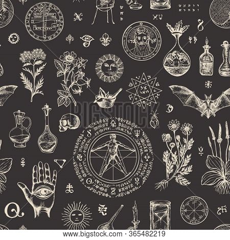 Vector Seamless Pattern On The Theme Of Alchemy And Healing In Retro Style. Abstract Repeating Backg