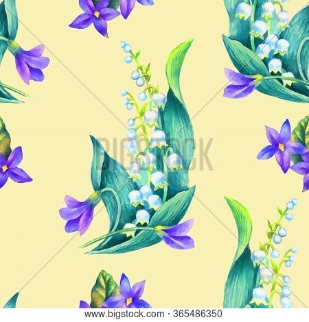 Spring Flowers: Snowdrop, May-lilly, Viola  Seamless Pattern, Hand Paint Watercolor Illustration.