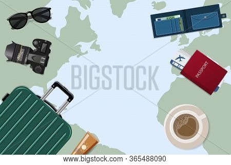 Traveler's Desktop With A Detailed Map Of The World, On Which Is Located A Suitcase, Baggage, Air Ti