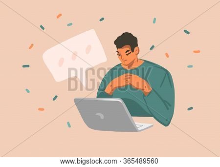 Hand Drawn Vector Abstract Stock Graphic Illustration With Young Male Working On Laptop Computer Iso