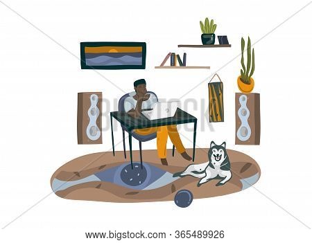 Hand Drawn Vector Stock Abstract Graphic Cartoon Illustration With Black Man Character, Freelancer W
