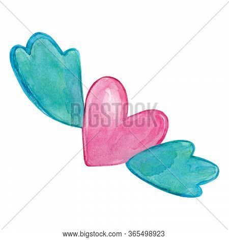 Aquarelle Illustration Of Pink Heart With Seagreen Wings Isolated On The White Background. Handdrawn