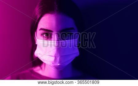 Young Woman Wearing Medical Mask Against Corona Virus - Fear Girl Quarantine For Preventing Pandemic
