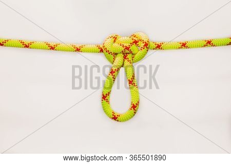 Butterfly Loop Knot Tied On New Colored, Green Rope For Personal Belaying. Alpine Linemans Loop Is A