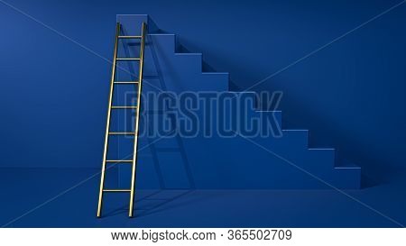 Golden Ladder Leaning On Blue Stairs And Leading To The Top. Concept Of Stairs Of Inspiration, Succe