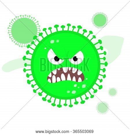 Close-up Of Green Covid-19 Coronavirus With Angry Monster Face, Vector Illustration