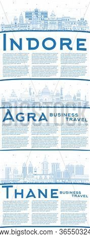Outline Indore, Thane and Agra India City Skylines Set with Blue Buildings and Copy Space. Business Travel and Tourism Concept with Historic Architecture. Cityscapes with Landmarks.