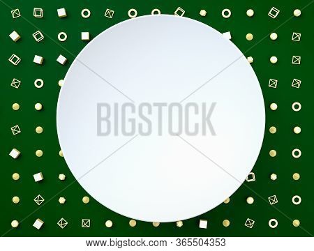 White Round Sign, Banner Or Frame Over Golden Geometry Figures And Shapes On Green Background. 3d Il