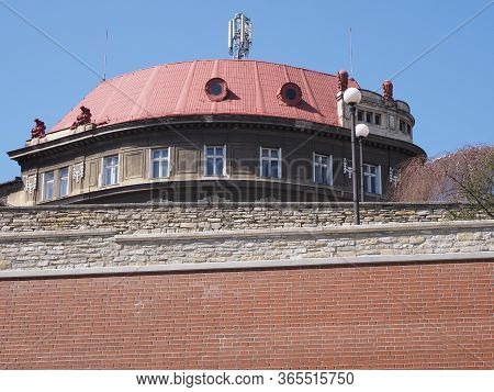 Round Historical House With Red Roof And Walls In City Center Of European Bielsko-biala At Silesian 