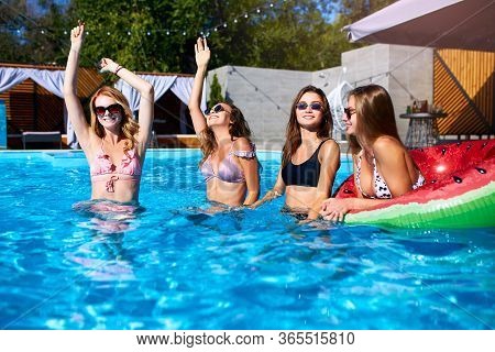 Beautiful Hot Pretty Girls In Bikini Have Pool Party Dancing With Inflatable Watermelon Swim Ring Fl