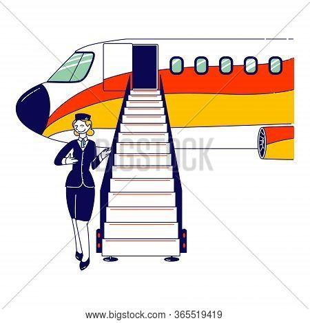 Stewardess Character, Flight Attendant, Air Hostess Girl Wearing Uniform And Cap Inviting Passengers